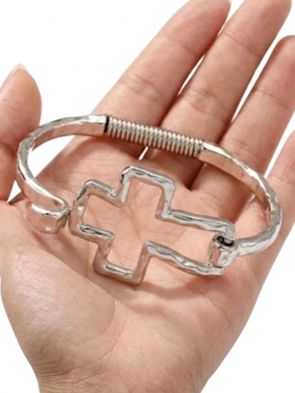 Silver Cross Bracelet Hinge Bangle – Elegant Christian Faith